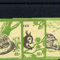 Match Box Labels - complete set of 9 Animals (black & green on pale yellow), superb unused condition (Hungarian)