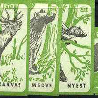 Match Box Labels - complete set of 9 Animals (black & green on blue), superb unused condition (Hungarian)