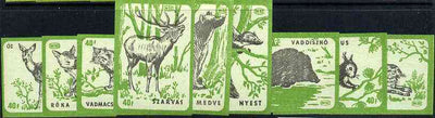 Match Box Labels - complete set of 9 Animals (black & green on blue), superb unused condition (Hungarian)
