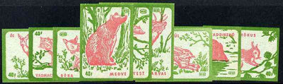 Match Box Labels - complete set of 9 Animals (red & green on blue), superb unused condition (Hungarian)