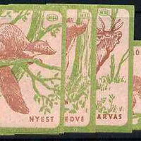 Match Box Labels - complete set of 9 Animals (red & green on pink), superb unused condition (Hungarian)