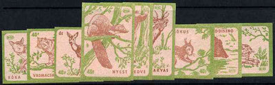 Match Box Labels - complete set of 9 Animals (red & green on pink), superb unused condition (Hungarian)