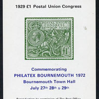 Exhibition souvenir sheet for 1972 Bournemouth Philatex Stamp showing Great Britain PUC £1 value in green with green border unmounted mint