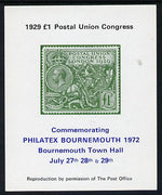 Exhibition souvenir sheet for 1972 Bournemouth Philatex Stamp showing Great Britain PUC £1 value in green with green border unmounted mint