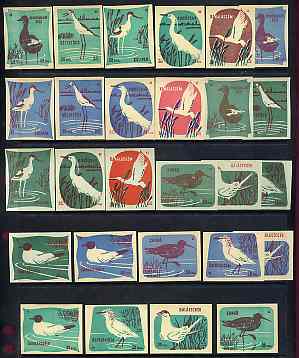 Match Box Labels - complete set of 27 Birds (3 sets of 9 on different papers), superb unused condition (Hungarian)