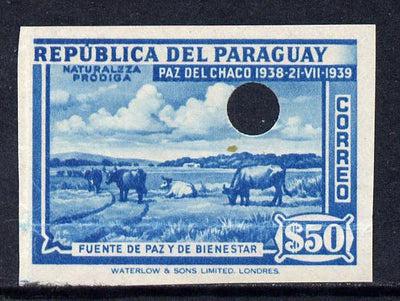 Paraguay 1940 Chaco Boundary Peace Conference 50p turquoise with security punch holes on gummed paper as SG 542 (ex Waterlow archives)