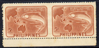 Philippines 1952 Indo-Pacific Fisheries 5c brown horizontal pair imperf between unmounted mint, listed as SG 744a but unpriced