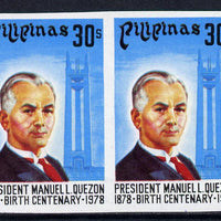 Philippines 1978 Birth Centenary of,Manuel Quezon 30s with black inscription imperf pair unmounted mint as SG 1467