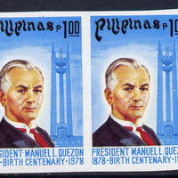 Philippines 1978 Birth Centenary of,Manuel Quezon 1p with blue inscription imperf pair unmounted mint as SG 1468