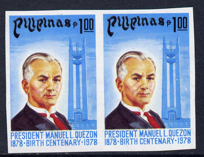 Philippines 1978 Birth Centenary of,Manuel Quezon 1p with blue inscription imperf pair unmounted mint as SG 1468