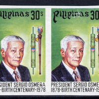 Philippines 1978 Birth Centenary of,Sergio Osmena 30s imperf pair unmounted mint as SG 1470