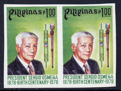 Philippines 1978 Birth Centenary of,Sergio Osmena 1p imperf pair unmounted mint as SG 1471