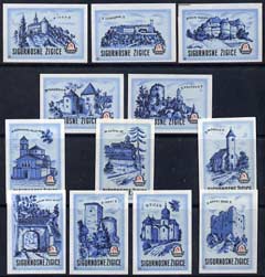 Match Box Labels - complete set of 12 Castles (blue) superb unused condition (Yugoslavian Drava series)