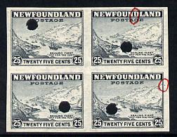 Newfoundland 1941-44 KG6 Sealing Fleet 25c imperf marginal PROOF block of 4 each stamp with Waterlow security punch hole, some wrinkles but a scarce KG6 item (as SG 288)