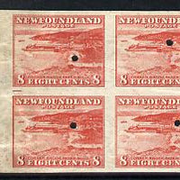 Newfoundland 1941-44 KG6 Paper Mills 8c imperf marginal PROOF block of 4 each stamp with Waterlow security punch hole, some wrinkles but a scarce KG6 item (as SG 282)