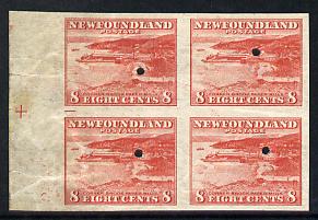 Newfoundland 1941-44 KG6 Paper Mills 8c imperf marginal PROOF block of 4 each stamp with Waterlow security punch hole, some wrinkles but a scarce KG6 item (as SG 282)
