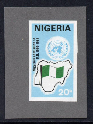 Nigeria 1985 40th Anniversary of United Nations - imperf machine proof of 20k value (as issued stamp) mounted on small piece of grey card believed to be as submitted for final approval as SG506
