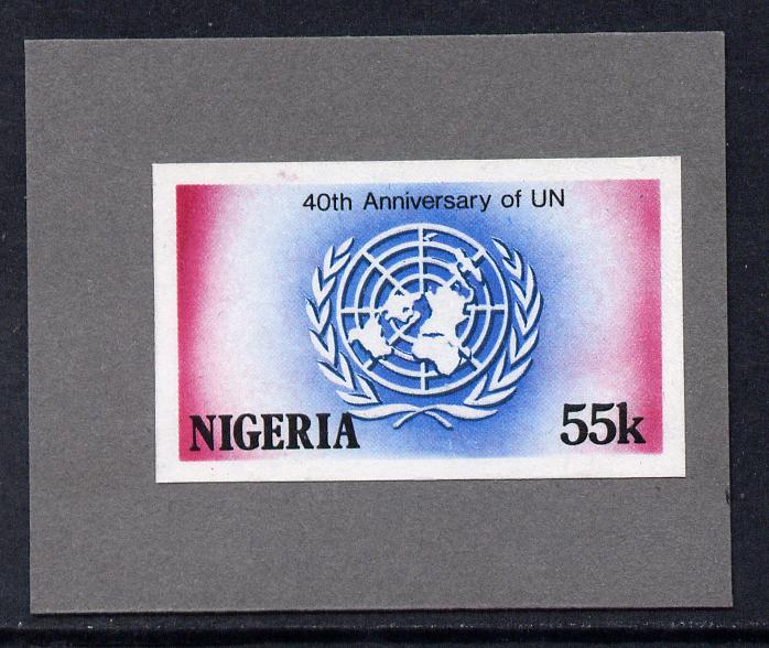 Nigeria 1985 40th Anniversary of United Nations - imperf machine proof of 55k value (as issued stamp) mounted on small piece of grey card believed to be as submitted for final approval as SG508
