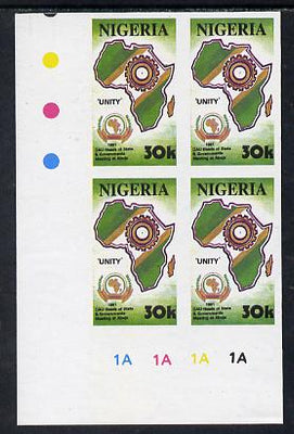 Nigeria 1991 Organisation of African Unity 30k imperf corner block of 4 with plate numbers unmounted mint as SG 608