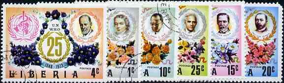 Liberia 1973 25th Anniversary of World Health Organisation (Medical Scientists & Flowers) set of 6 cto used, SG 1162-67*