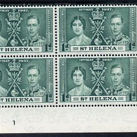St Helena 1937 KG6 Coronation 1d corner plate block of 4 with plate 1 unmounted mint (Coronation plate blocks are rare) SG 128