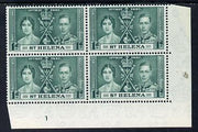 St Helena 1937 KG6 Coronation 1d corner plate block of 4 with plate 1 unmounted mint (Coronation plate blocks are rare) SG 128