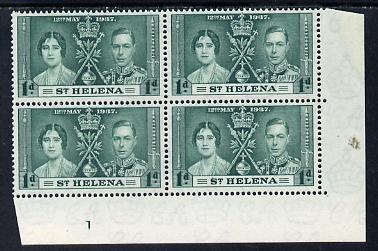 St Helena 1937 KG6 Coronation 1d corner plate block of 4 with plate 1 unmounted mint (Coronation plate blocks are rare) SG 128