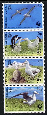 Tristan da Cunha 1999 WWF - Wandering Albatros vertical perf strip of 4, second stamp showing additional Panda Logo on left-hand bird, unmounted mint SG 651b