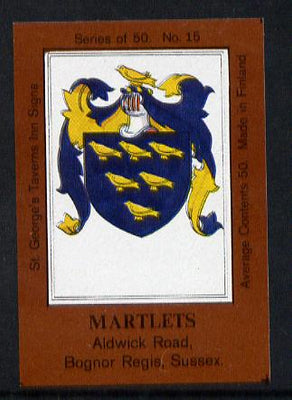 Match Box Labels - Martlets (No.15 from a series of 50 Pub signs) dark brown background, very fine unused condition (St George's Taverns)