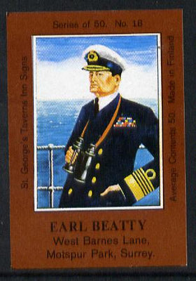 Match Box Labels - Earl Beatty (No.18 from a series of 50 Pub signs) dark brown background, very fine unused condition (St George's Taverns)