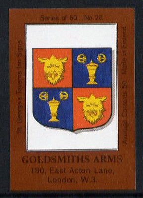 Match Box Labels - Goldsmith's Arms (No.25 from a series of 50 Pub signs) dark brown background, very fine unused condition (St George's Taverns)