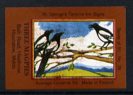 Match Box Labels - Magpies (No.28 from a series of 50 Pub signs) dark brown background, very fine unused condition (St George's Taverns)