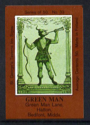 Match Box Labels - Green Man (No.33 from a series of 50 Pub signs) dark brown background, very fine unused condition (St George's Taverns)