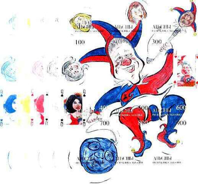 Abkhazia 1999 The Joker (Cartoon of Pres Clinton with Golf Club) sheetlet containing 9 values, the set of 5 imperf progressive proofs comprising the 4 basic colours plus all 4-colour composites unmounted mint