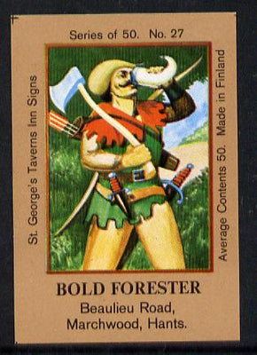Match Box Labels - Bold Forester (Outlaw) (No.27 from a series of 50 Pub signs) light brown background, very fine unused condition (St George's Taverns)