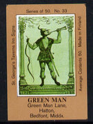 Match Box Labels - Green Man (No.33 from a series of 50 Pub signs) light brown background, very fine unused condition (St George's Taverns)