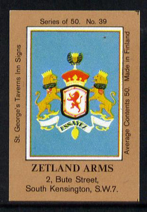 Match Box Labels - Zetland Arms (No.39 from a series of 50 Pub signs) light brown background, very fine unused condition (St George's Taverns)