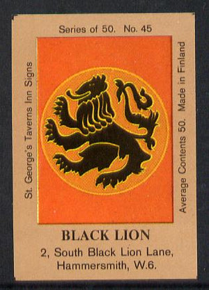 Match Box Labels - Black Lion (No.45 from a series of 50 Pub signs) light brown background, very fine unused condition (St George's Taverns)