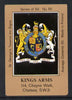 Match Box Labels - Kings Arms (No.50 from a series of 50 Pub signs) light brown background, very fine unused condition (St George's Taverns)