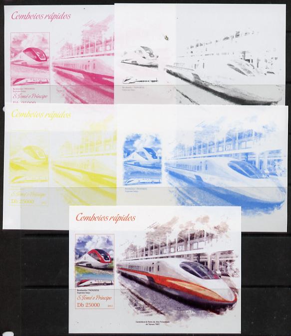 St Thomas & Prince Islands 2013 High-Speed Trains #2 souvenir sheet - the set of 5 imperf progressive colour proofs comprising the 4 basic colours plus all 4-colour composite unmounted mint
