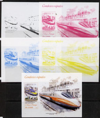 St Thomas & Prince Islands 2013 High-Speed Trains #4 souvenir sheet - the set of 5 imperf progressive colour proofs comprising the 4 basic colours plus all 4-colour composite unmounted mint