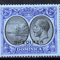 Dominica 1923-33 KG5 Badge 2s black & blue on blue overprinted SPECIMEN with gum and only about 400 produced SG 84s