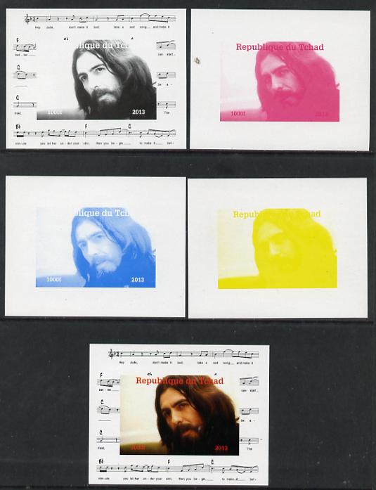 Chad 2013 The Beatles - George Harrison #1 individual deluxe sheetlet - the set of 5 imperf progressive colour proofs comprising the 4 basic colours plus all 4-colour composite unmounted mint.