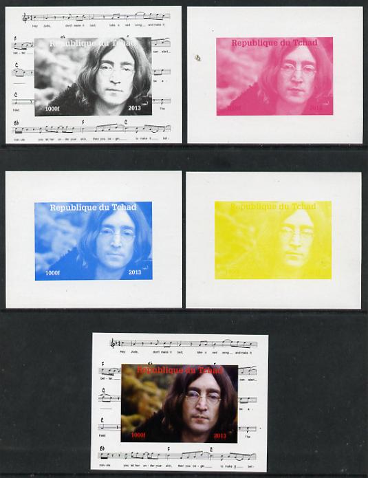 Chad 2013 The Beatles - John Lennon #2 individual deluxe sheetlet - the set of 5 imperf progressive colour proofs comprising the 4 basic colours plus all 4-colour composite unmounted mint.