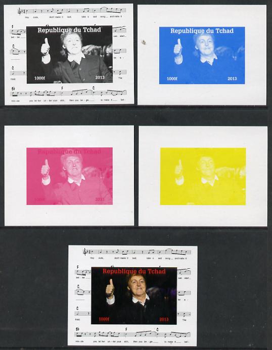 Chad 2013 The Beatles - Paul McCartney #4 individual deluxe sheetlet - the set of 5 imperf progressive colour proofs comprising the 4 basic colours plus all 4-colour composite unmounted mint.