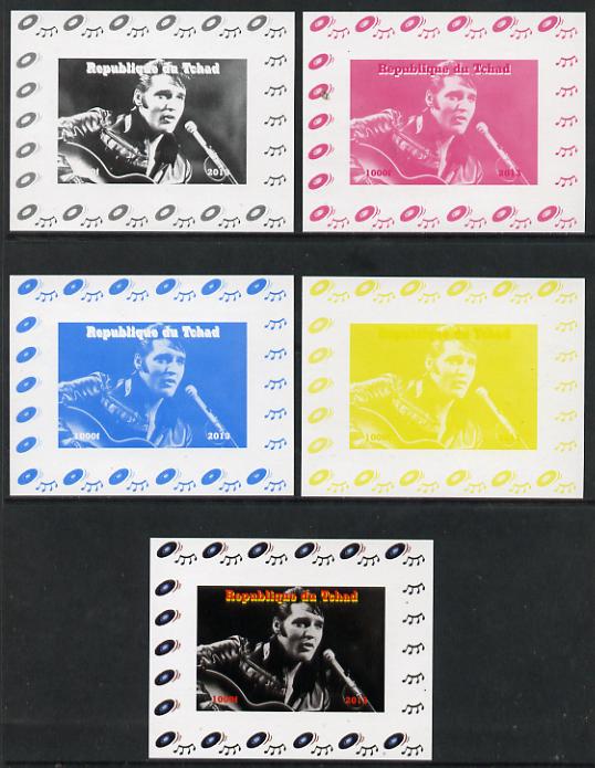 Chad 2013 Elvis Presley #01 individual deluxe sheetlet - the set of 5 imperf progressive colour proofs comprising the 4 basic colours plus all 4-colour composite unmounted mint.