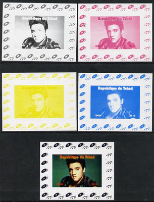Chad 2013 Elvis Presley #07 individual deluxe sheetlet - the set of 5 imperf progressive colour proofs comprising the 4 basic colours plus all 4-colour composite unmounted mint.