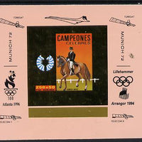 Equatorial Guinea 1972 Munich Olympics Show Jumping #4 individual imperf deluxe proof sheet in gold with pink border with overptints in margin unmounted mint minor wrinkles