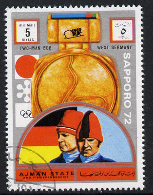 Ajman 1972 Sapporo Winter Olympic Gold Medallists - West Germany Two-man Bob Sled 5r cto used Michel 1668