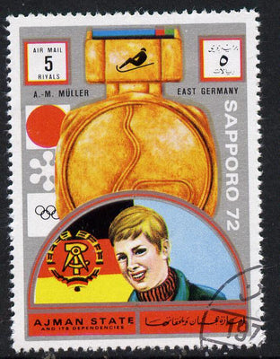 Ajman 1972 Sapporo Winter Olympic Gold Medallists - East Germany Muller Bob Sled 5r cto used Michel 1650